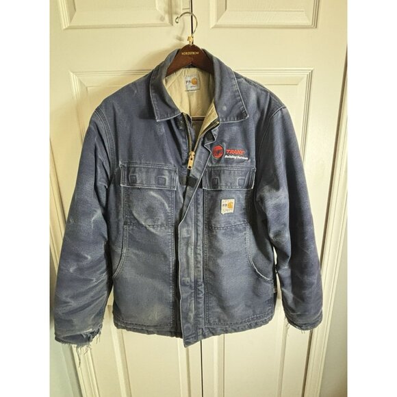 Distressed Carhartt FR Quilt Lined Mens L Flame Resistant Blue Coat Jacket Cat 4 - Picture 1 of 13